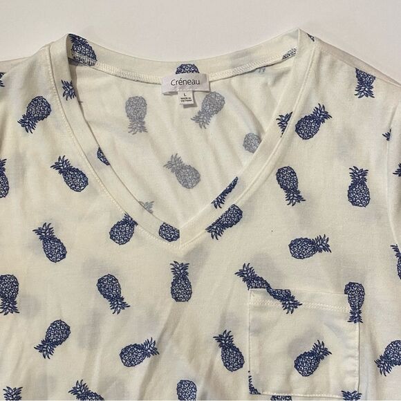 Creneau Soft Blue Pineapple Short Sleeve V Neck T- Shirt With Front Pocket Large - Picture 2 of 12